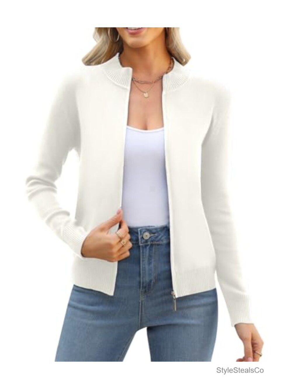 Womens Lightweight Knitted Zip Up Cardigan Long Sleeve Crew Neck Sweater